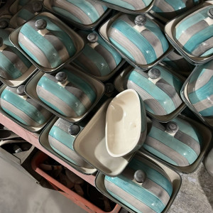 Handmade Blue and Grey Striped Butter Tray 6" (Set of 1) Butter Dish