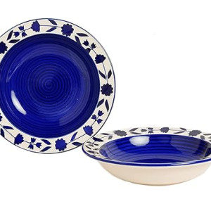 Ceramic Hand Painted Blue Floral Deep Pasta,Curry,noodles Plate