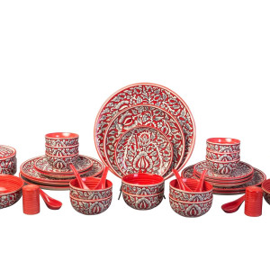 Handmade Ceramic Red Mughal Dinner Set 37 - Pieces Microwave & Dishwasher Safe!